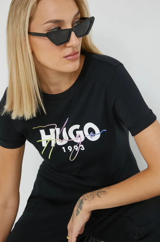 μαύρο Βαμβακερό μπλουζάκι HUGO Γυναικεία