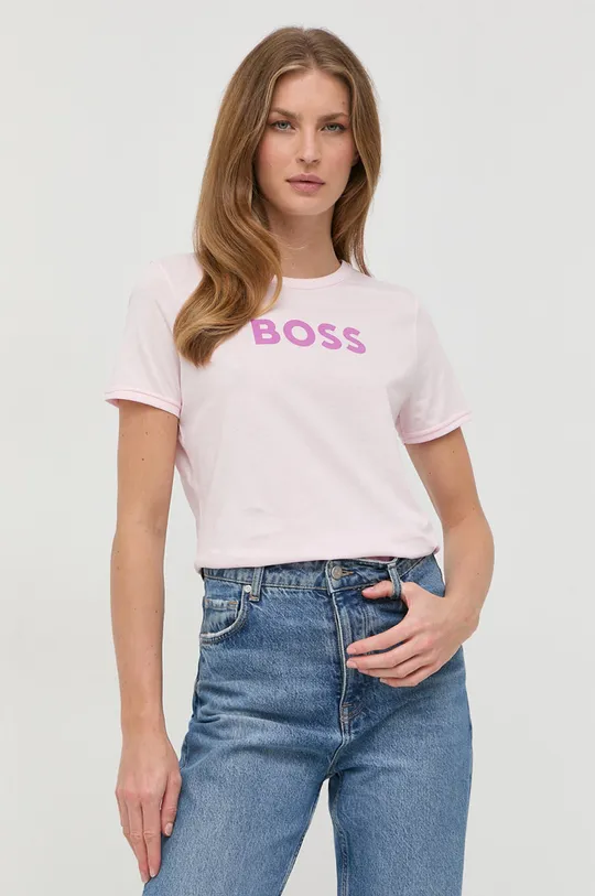 roza Bombažna kratka majica BOSS Ženski
