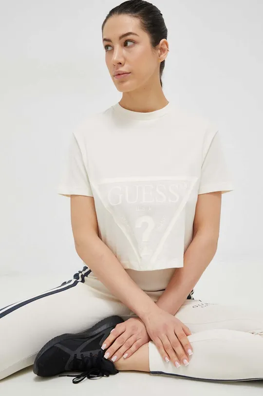 beżowy Guess t-shirt bawełniany ADELE Damski