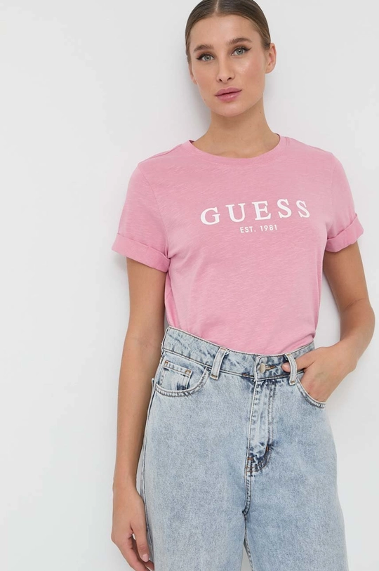 różowy Guess t-shirt bawełniany