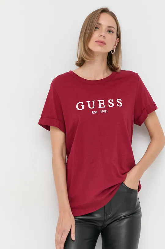 μπορντό Βαμβακερό μπλουζάκι Guess Γυναικεία