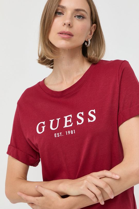 mahoniowy Guess t-shirt bawełniany