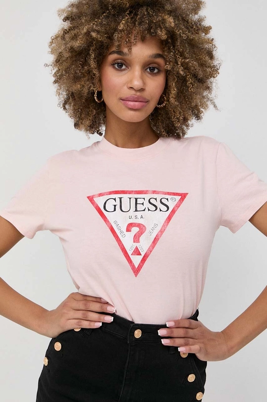 ροζ Βαμβακερό μπλουζάκι Guess