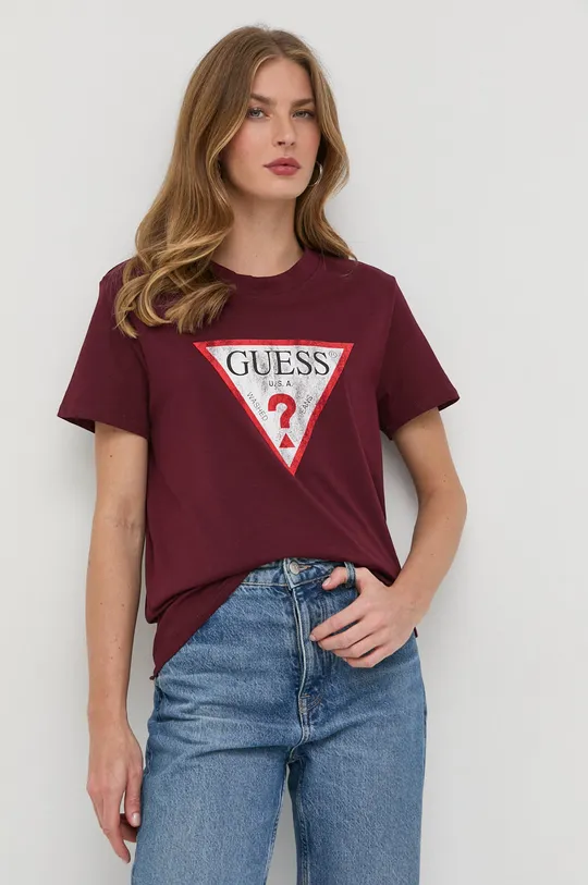 bordowy Guess t-shirt bawełniany Damski