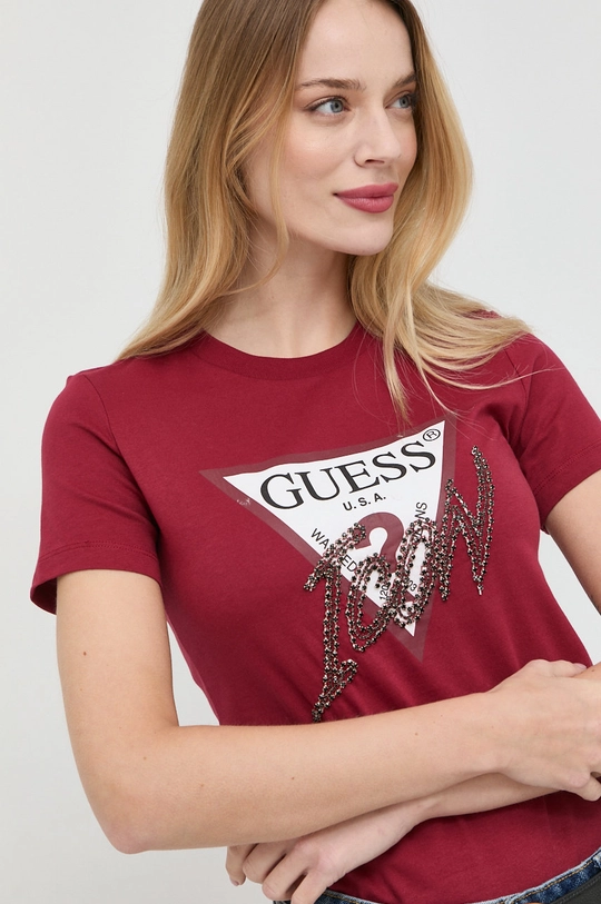 bordowy Guess t-shirt bawełniany