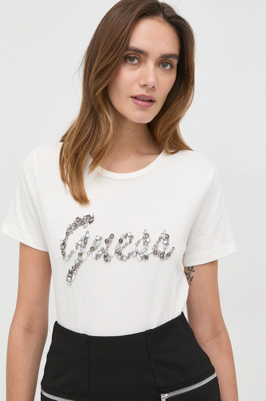 beżowy Guess t-shirt bawełniany Damski