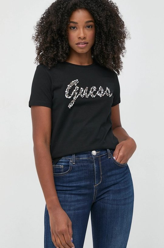 μαύρο Βαμβακερό μπλουζάκι Guess Γυναικεία