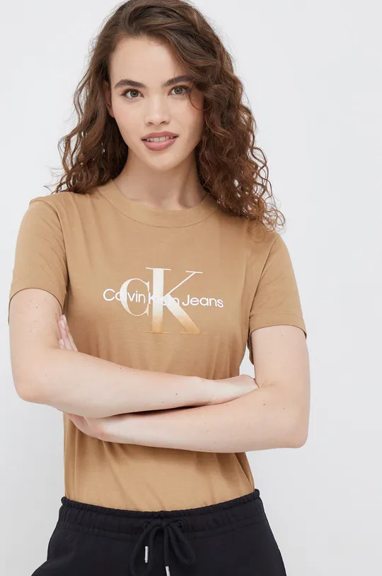 καφέ Βαμβακερό μπλουζάκι Calvin Klein Jeans Γυναικεία