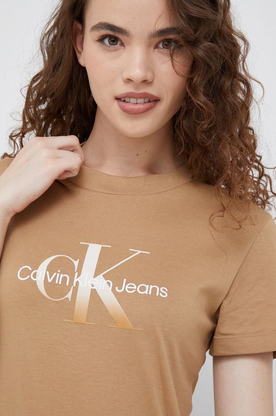 hnědá Bavlněné tričko Calvin Klein Jeans