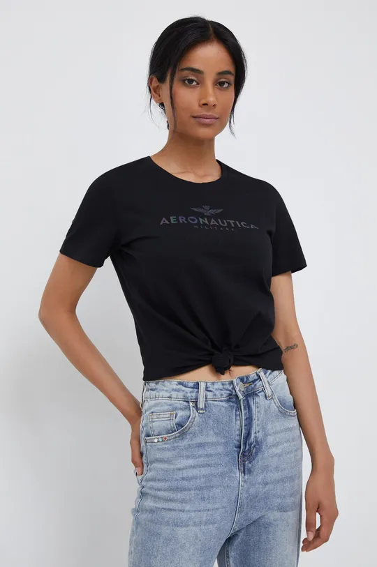 μαύρο Βαμβακερό μπλουζάκι Aeronautica Militare Γυναικεία