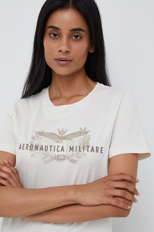 kremowy Aeronautica Militare t-shirt bawełniany