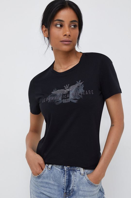 czarny Aeronautica Militare t-shirt bawełniany Damski