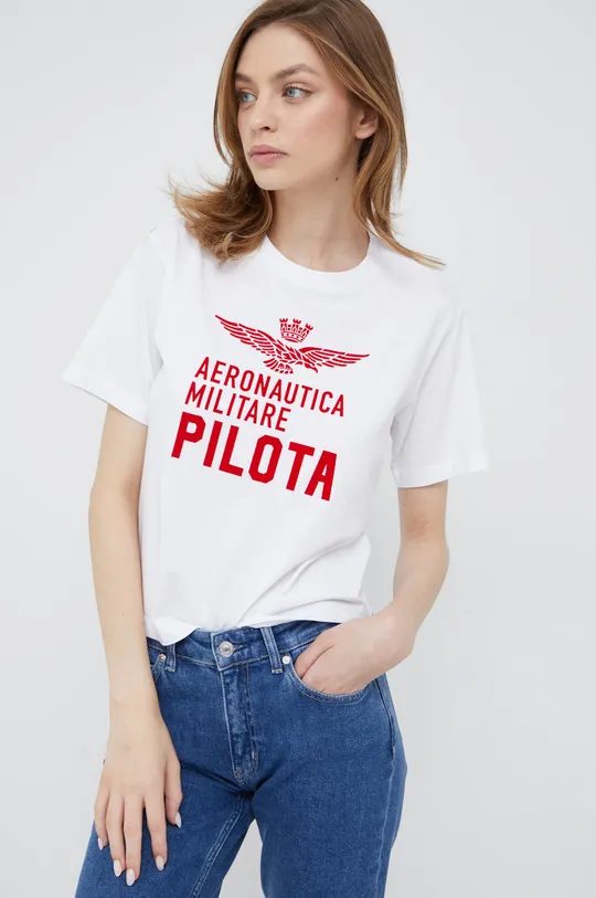 λευκό Βαμβακερό μπλουζάκι Aeronautica Militare Γυναικεία