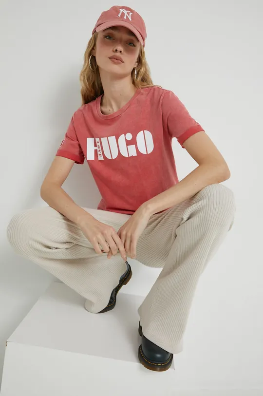 κόκκινο Βαμβακερό μπλουζάκι HUGO Γυναικεία
