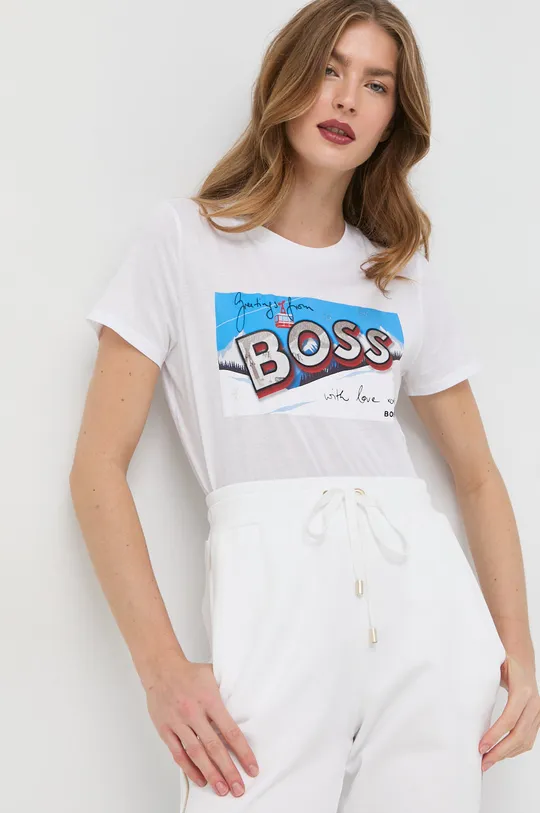 bela Bombažna kratka majica BOSS Ženski