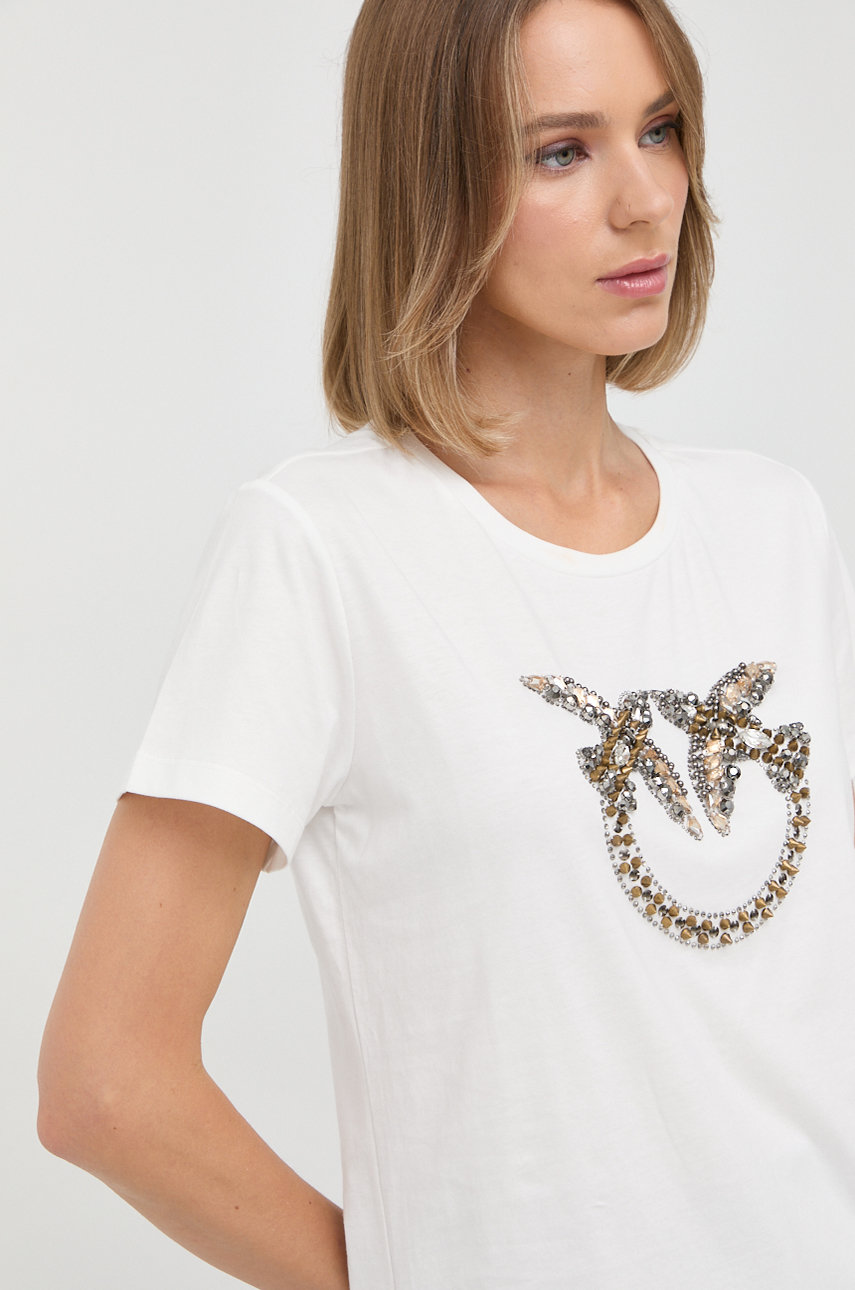 Pinko T-shirt With Crystal-embroidered Love Birds Logo In Blu Abisso