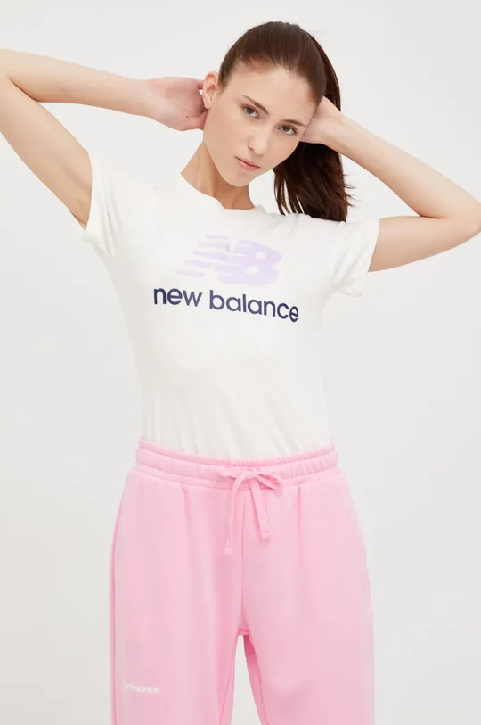Βαμβακερό μπλουζάκι New Balance Wt91546mlt μπεζ