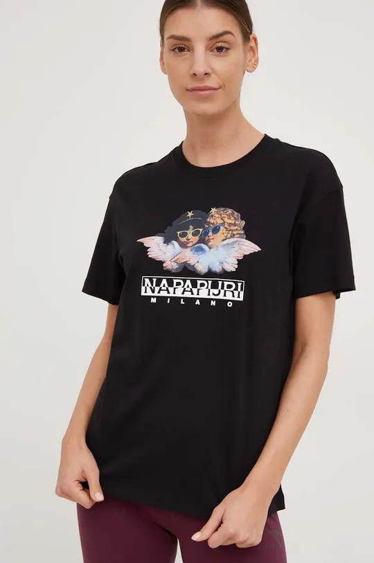 μαύρο Βαμβακερό μπλουζάκι Napapijri X Fiorucci Γυναικεία