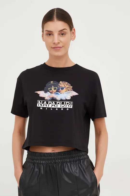 μαύρο Βαμβακερό μπλουζάκι Napapijri X Fiorucci Γυναικεία