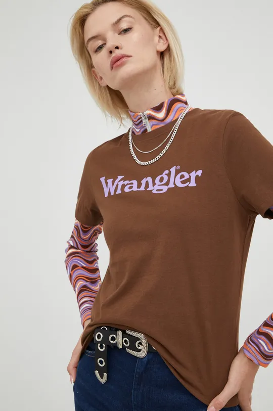 hnedá Bavlnené tričko Wrangler Dámsky