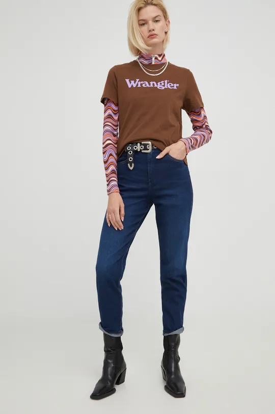 Βαμβακερό μπλουζάκι Wrangler καφέ