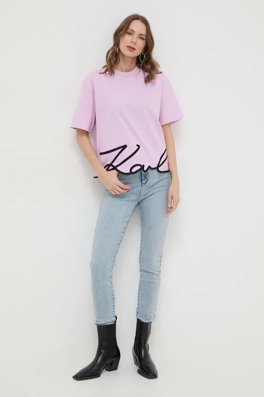 Βαμβακερό μπλουζάκι Karl Lagerfeld ροζ