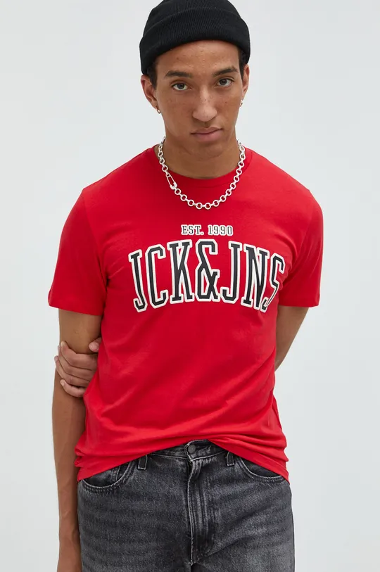 κόκκινο Βαμβακερό μπλουζάκι Jack & Jones Ανδρικά