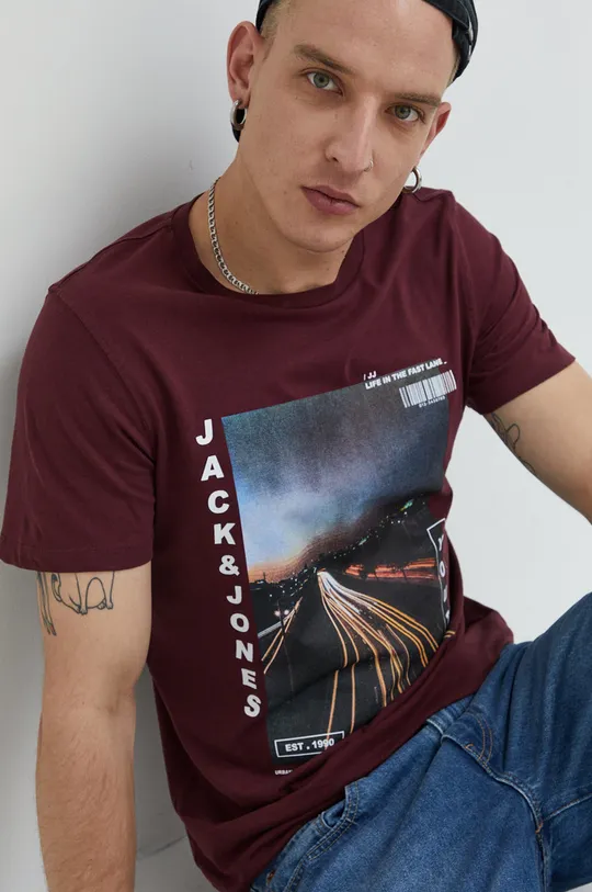 μπορντό Βαμβακερό μπλουζάκι Jack & Jones Ανδρικά