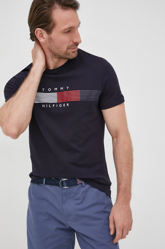 tmavomodrá Bavlnené tričko Tommy Hilfiger