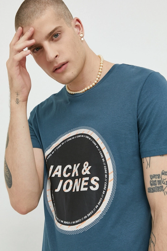 μπλε Βαμβακερό μπλουζάκι Jack & Jones Ανδρικά