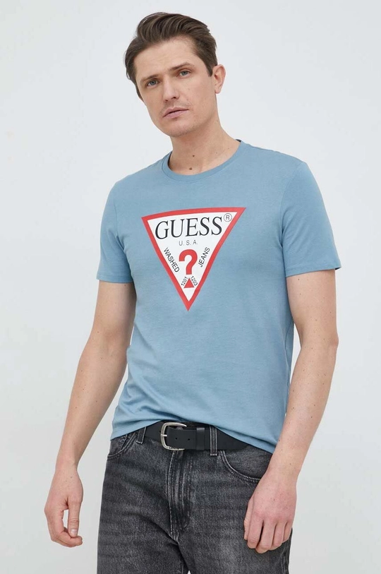 голубой Хлопковая футболка Guess Мужской