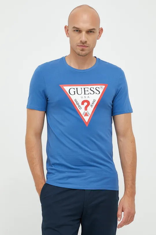 μπλε Βαμβακερό μπλουζάκι Guess Ανδρικά