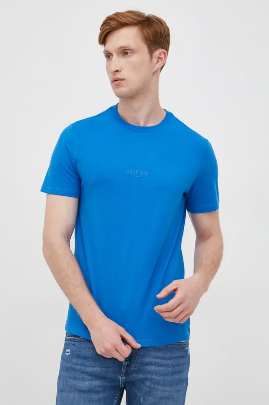μπλε Βαμβακερό μπλουζάκι Guess Ανδρικά