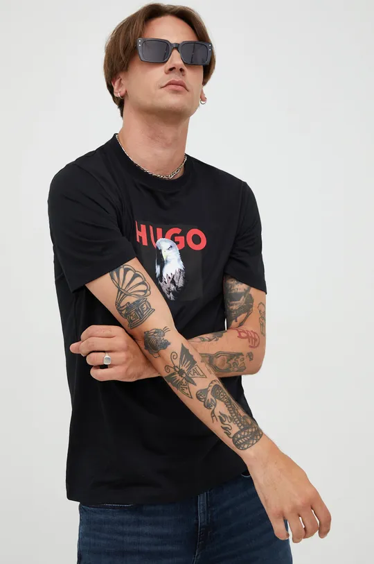 črna Bombažna kratka majica HUGO Moški