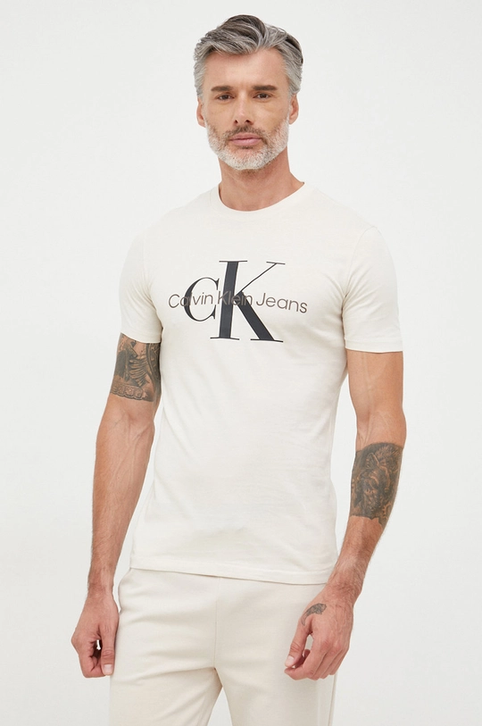 beżowy Calvin Klein Jeans t-shirt bawełniany