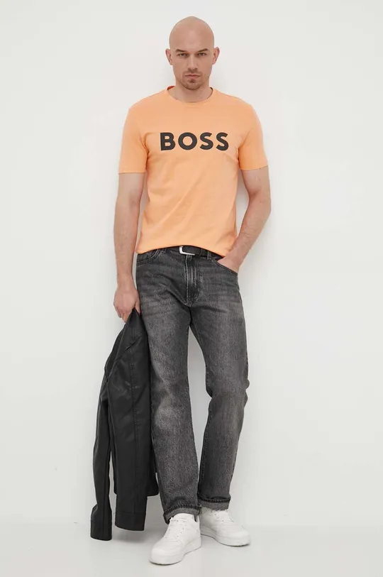 Bombažna kratka majica BOSS CASUAL oranžna