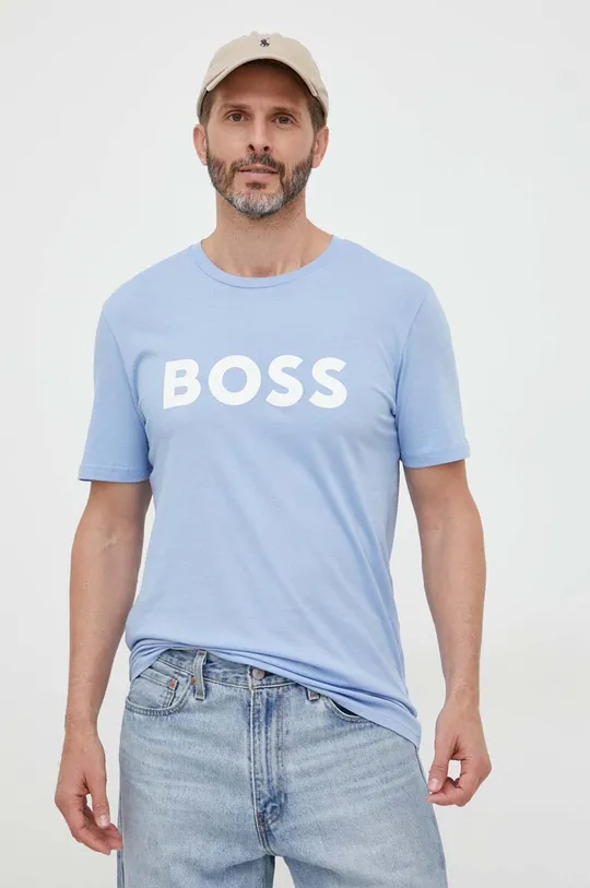 голубой Хлопковая футболка BOSS BOSS CASUAL Мужской