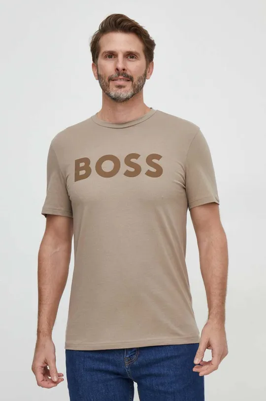 Bombažna kratka majica BOSS CASUAL rjava