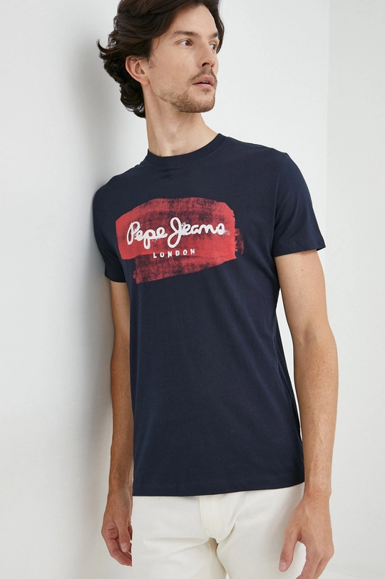 tmavomodrá Bavlnené tričko Pepe Jeans Pánsky