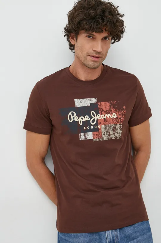 καφέ Βαμβακερό μπλουζάκι Pepe Jeans Ανδρικά