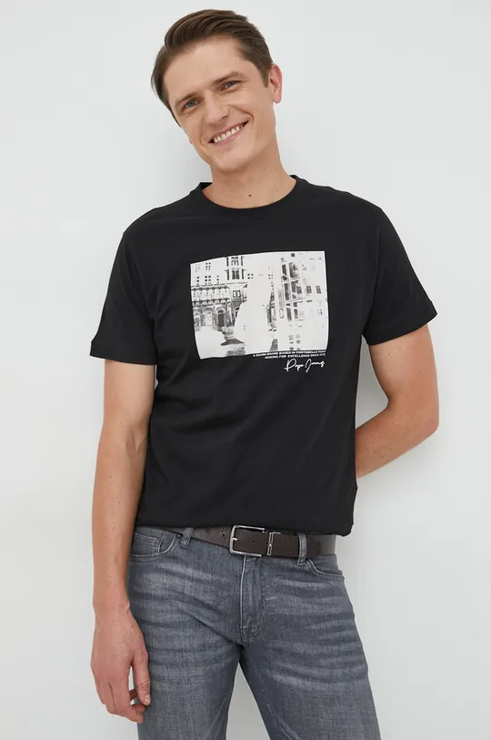 μαύρο Βαμβακερό μπλουζάκι Pepe Jeans Teaghan Ανδρικά
