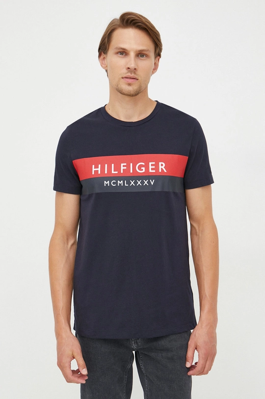 tmavomodrá Bavlnené tričko Tommy Hilfiger