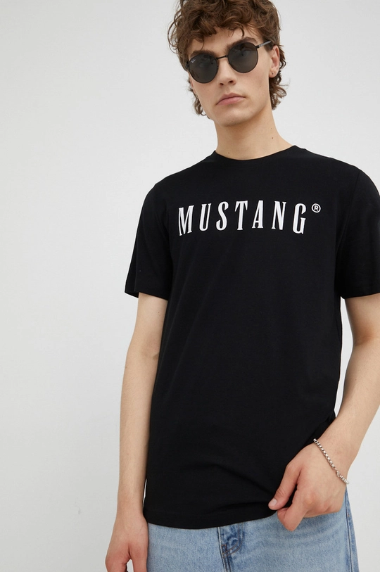 czarny Mustang t-shirt bawełniany