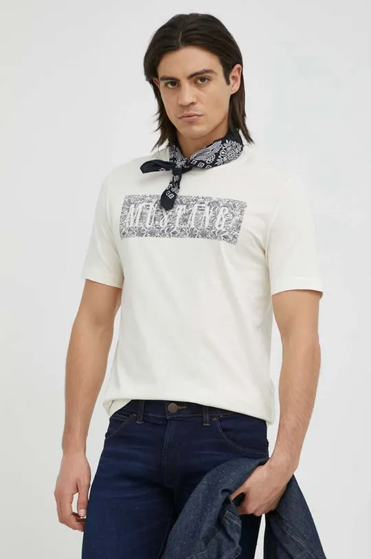 kremowy Mustang t-shirt bawełniany Męski