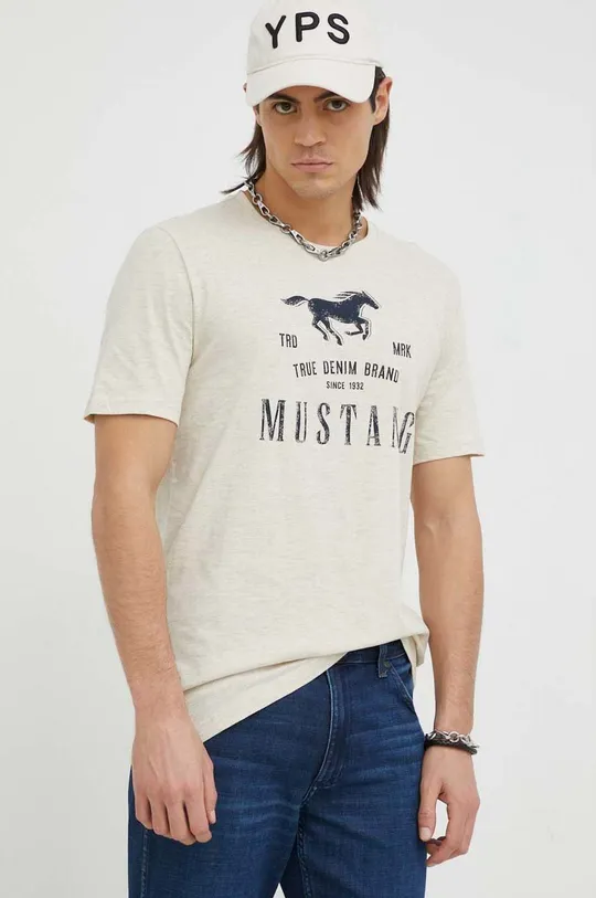 μπεζ Βαμβακερό μπλουζάκι Mustang Ανδρικά