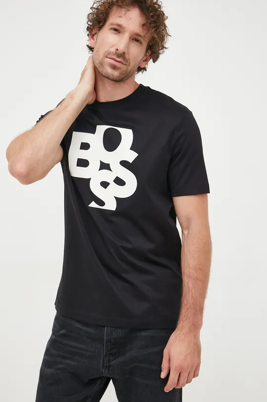 črna Bombažna kratka majica BOSS Moški