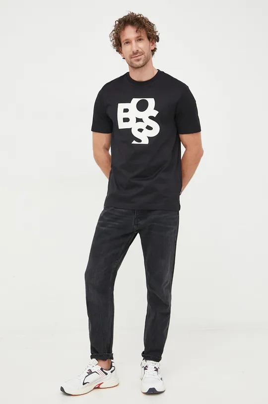 Bombažna kratka majica BOSS črna