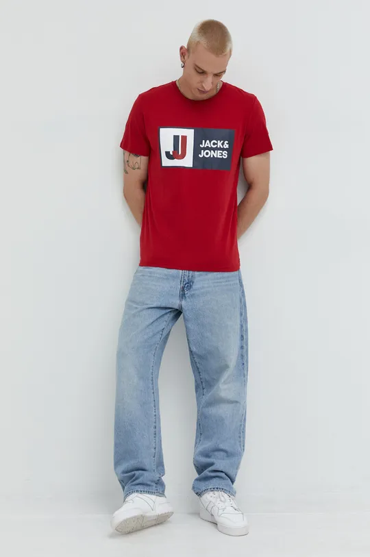 Βαμβακερό μπλουζάκι Jack & Jones Jcologan κόκκινο