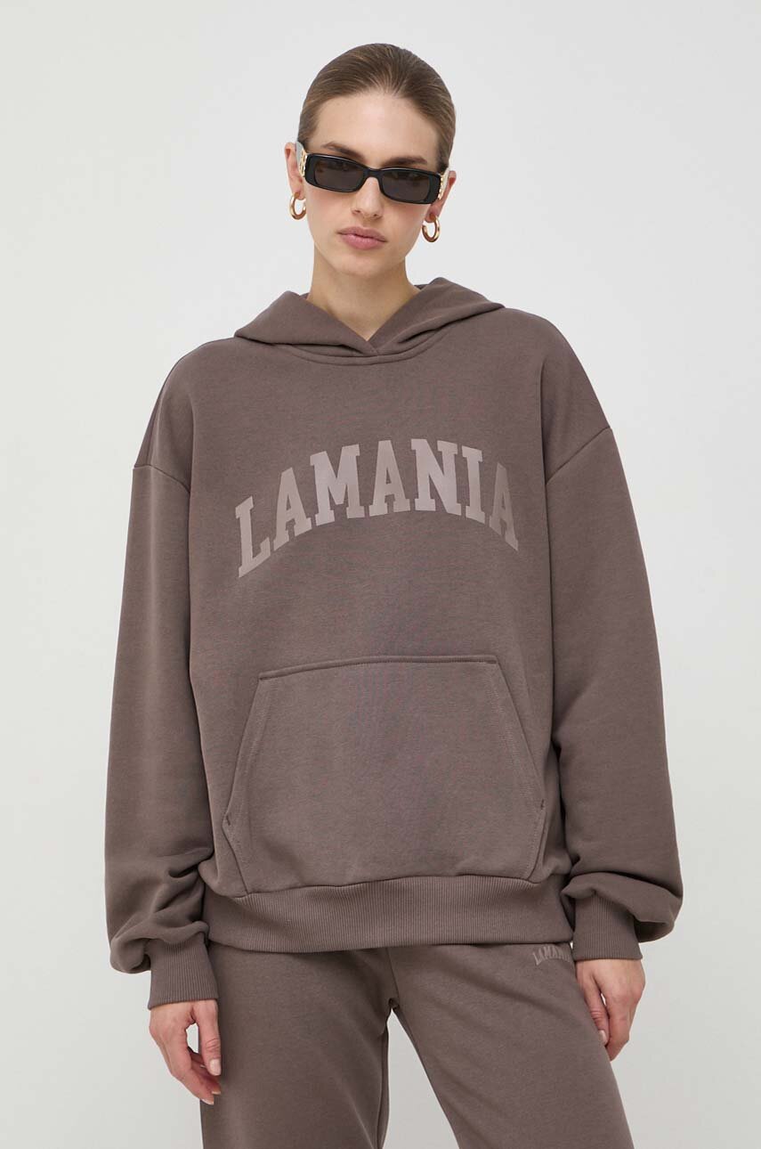 La Mania bluza damska kolor brązowy z kapturem z nadrukiem
