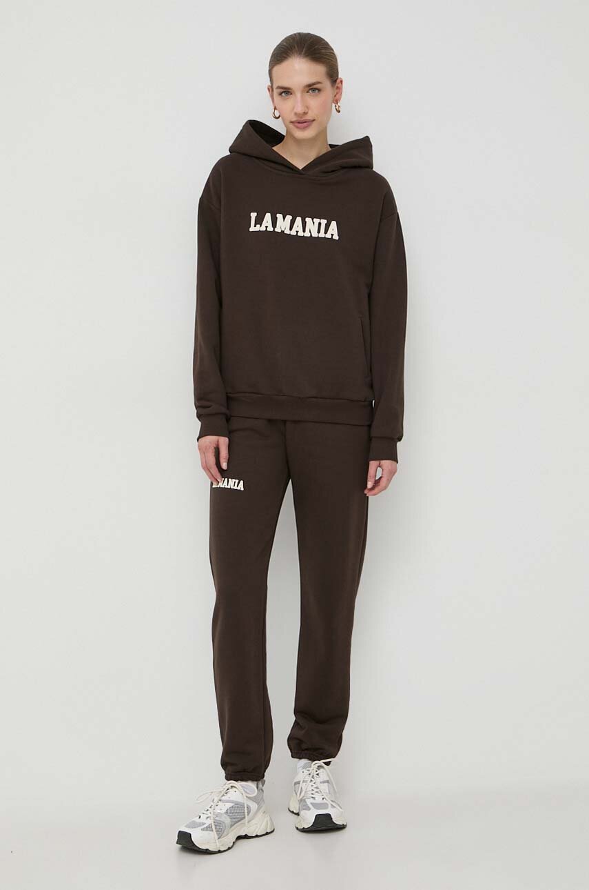 La Mania bluza damska kolor brązowy z kapturem z nadrukiem